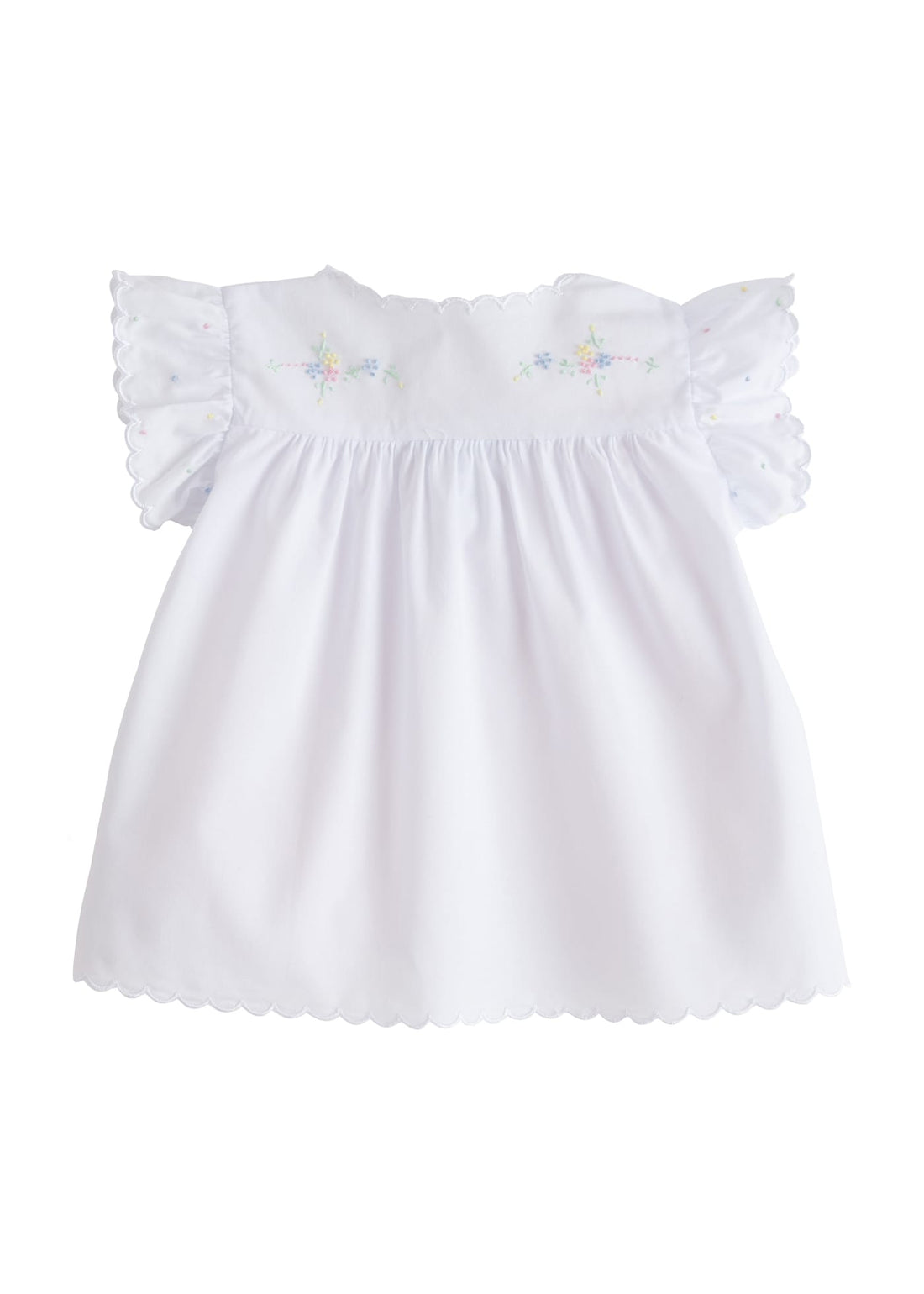 Little English traditional kids clothing.  White tea blouse with scallop edging, flutter sleeves, and multi-colored flower and bow embroidery