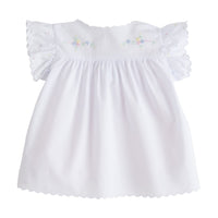Little English traditional kids clothing.  White tea blouse with scallop edging, flutter sleeves, and multi-colored flower and bow embroidery