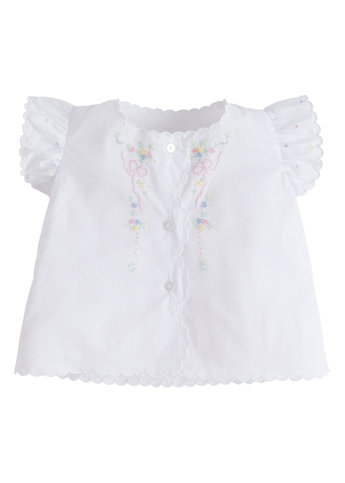 Little English traditional kids clothing.  White tea blouse with scallop edging, flutter sleeves, and multi-colored flower and bow embroidery