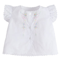 Little English traditional kids clothing.  White tea blouse with scallop edging, flutter sleeves, and multi-colored flower and bow embroidery