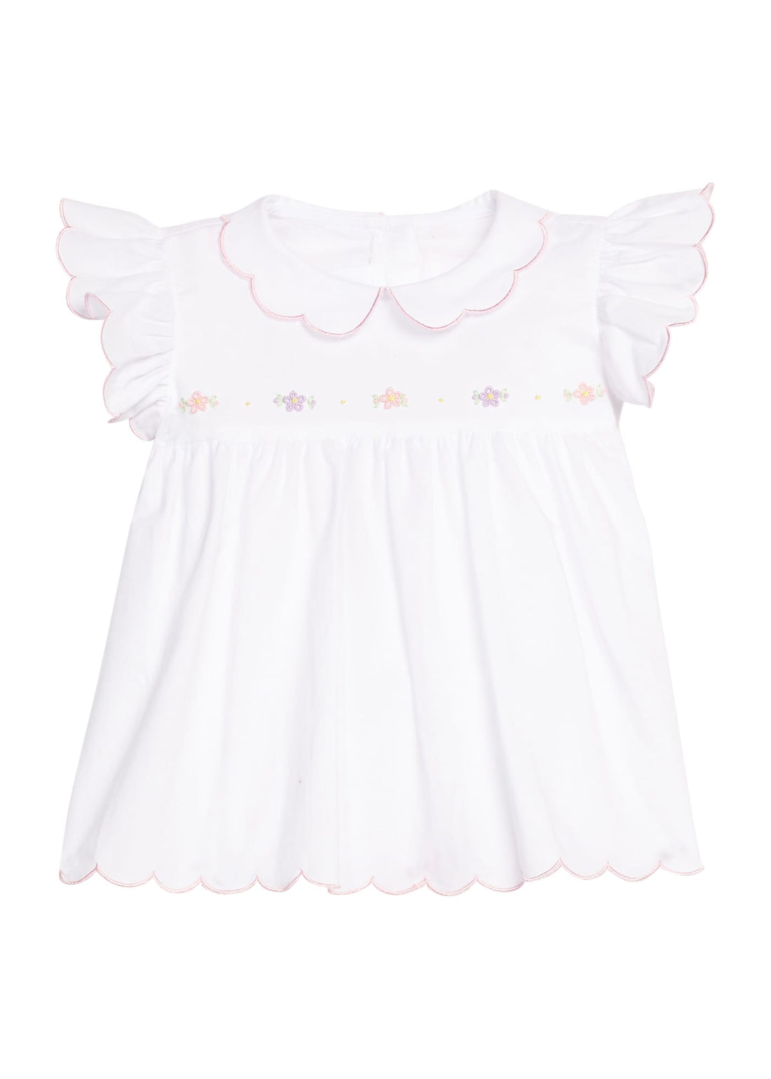 Little English classic tea blouse with pink and purple briarcliff floral embroidery along chest, light pink trim, for little girl 