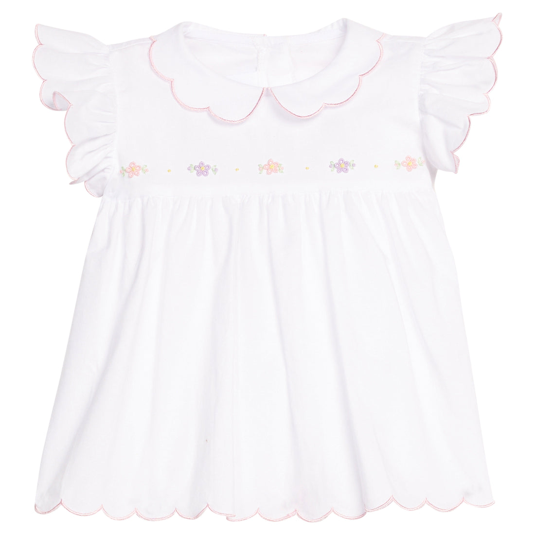 Little English classic tea blouse with pink and purple briarcliff floral embroidery along chest, light pink trim, for little girl 