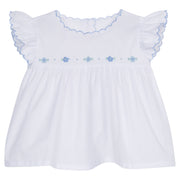 Little English traditional children's clothing, baby girl's classic white blouse with light blue scallop trim at neck and sleeves with blue floral embroidery for Spring