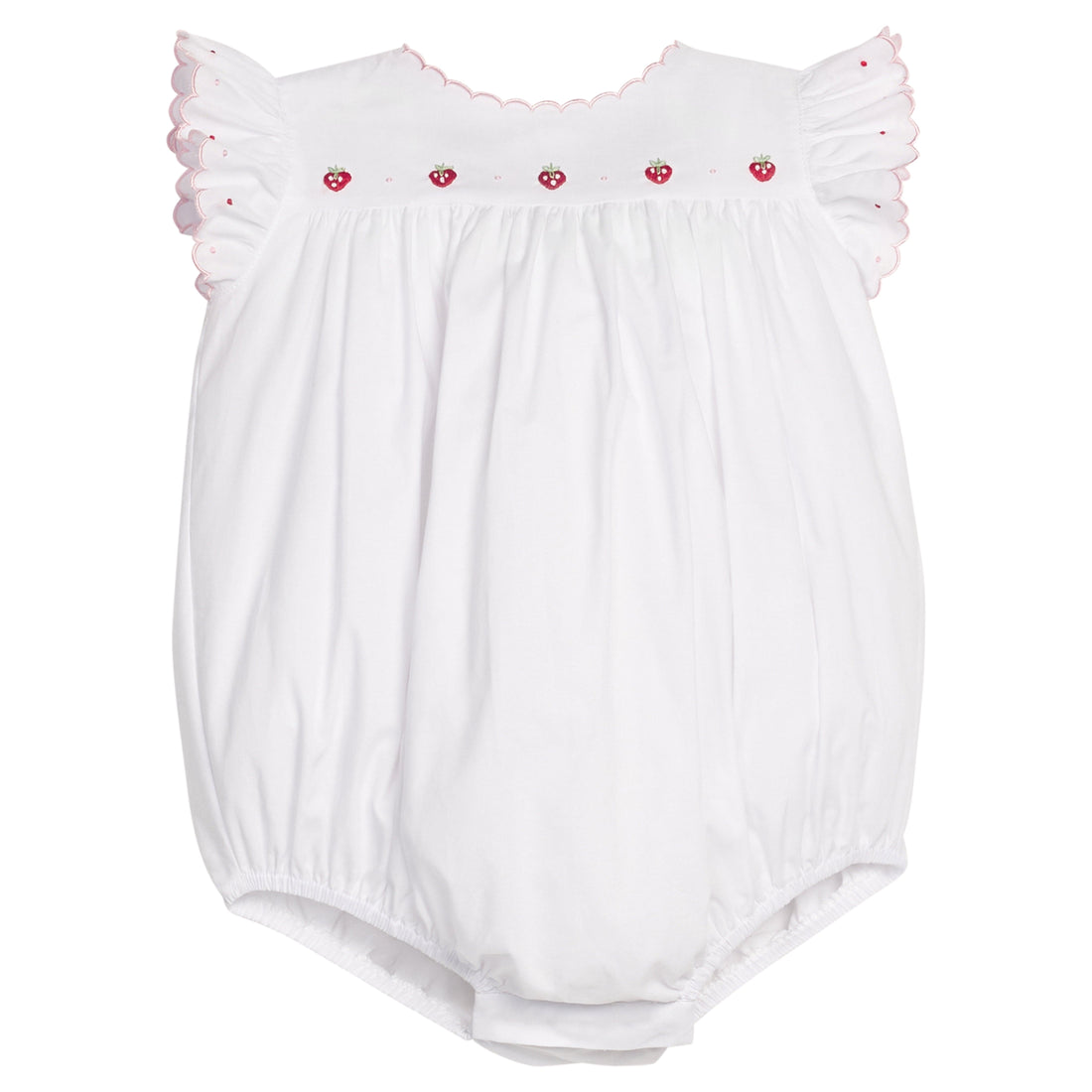 Little English classic tea bubble with strawberry motif embroidery along chest, pink trim, snaps at bottom, for little girl 