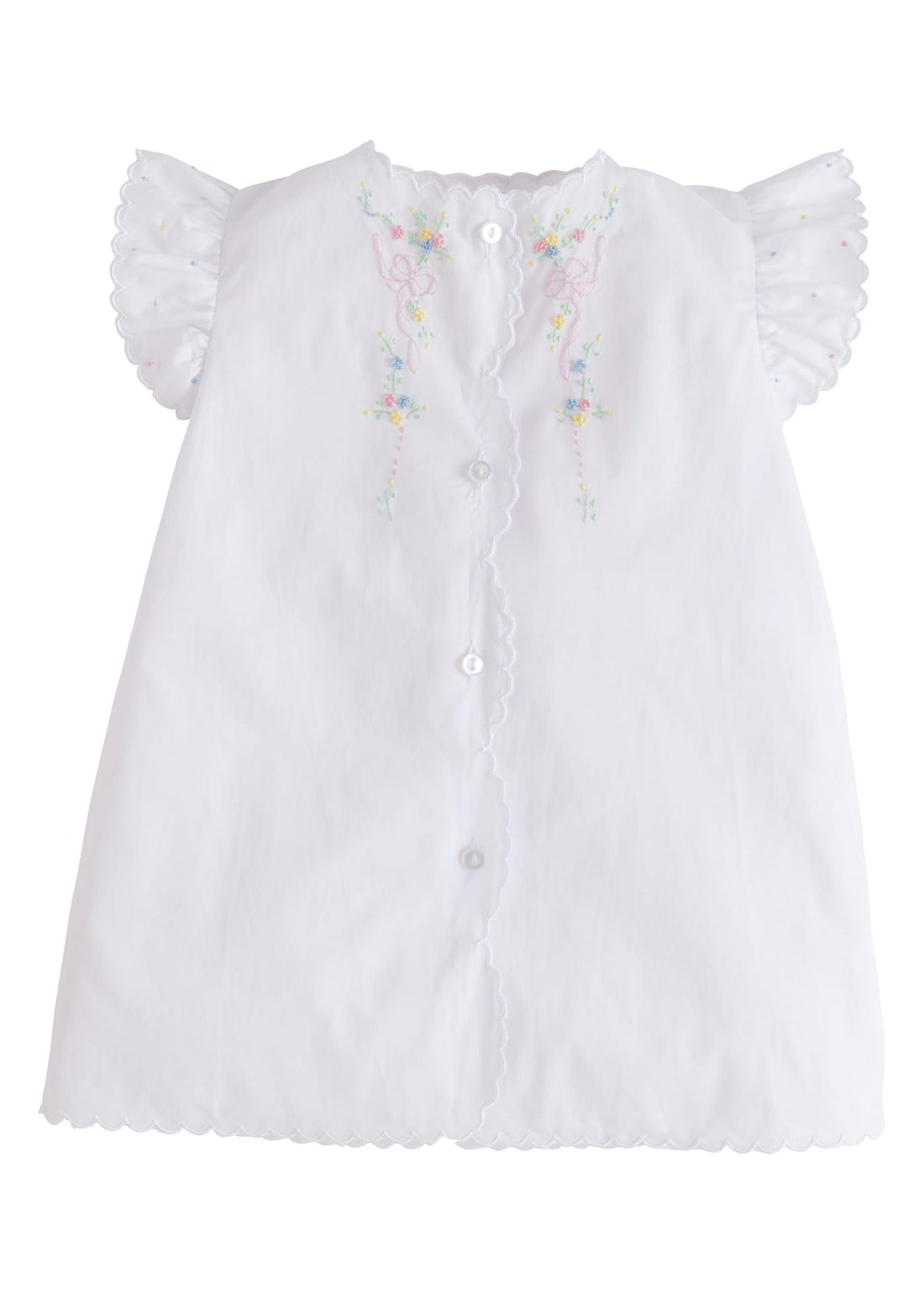 Little English traditional kids clothing.  Classic white newborn gown with flutter sleeves, scallop edging, and multi-colored floral and bow embroidery