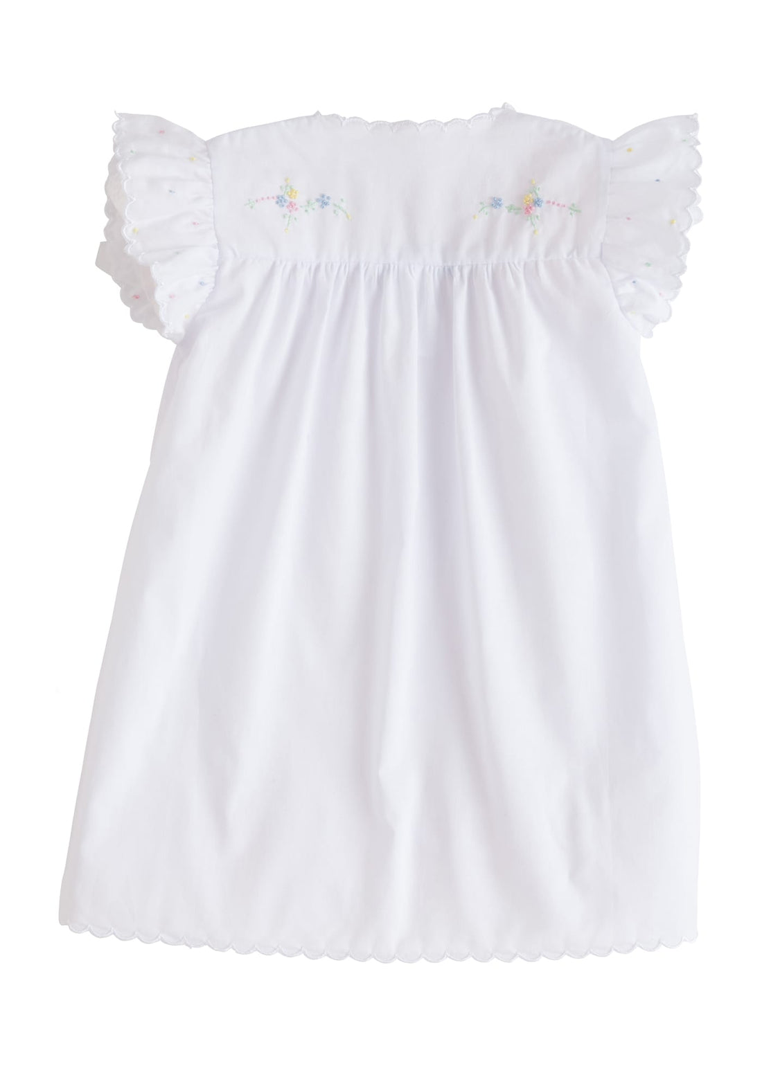 Little English traditional kids clothing.  Classic white newborn gown with flutter sleeves, scallop edging, and multi-colored floral and bow embroidery
