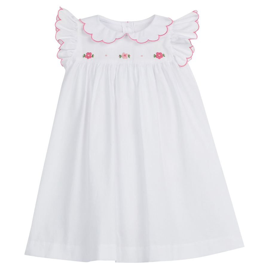 Little English traditional children's clothing, baby girl's classic white newborn gown with pink scallop trim at neck and sleeves with pink floral embroidery for Spring