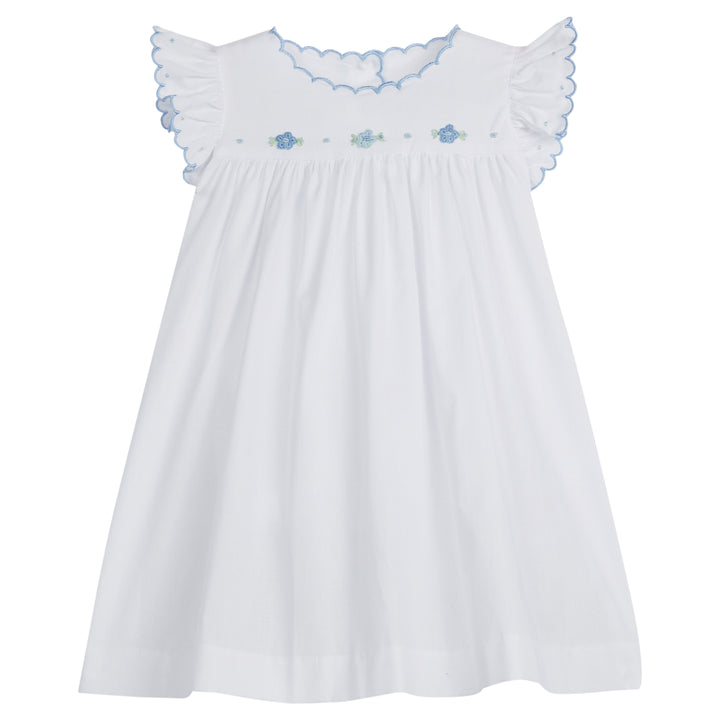 Little English traditional children's clothing, baby girl's classic white newborn gown with light blue scallop trim at neck and sleeves with blue floral embroidery for Spring