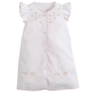 Little English embroidered newborn gown for girls, orange and pink french knots with scallop trim, timeless receiving gown