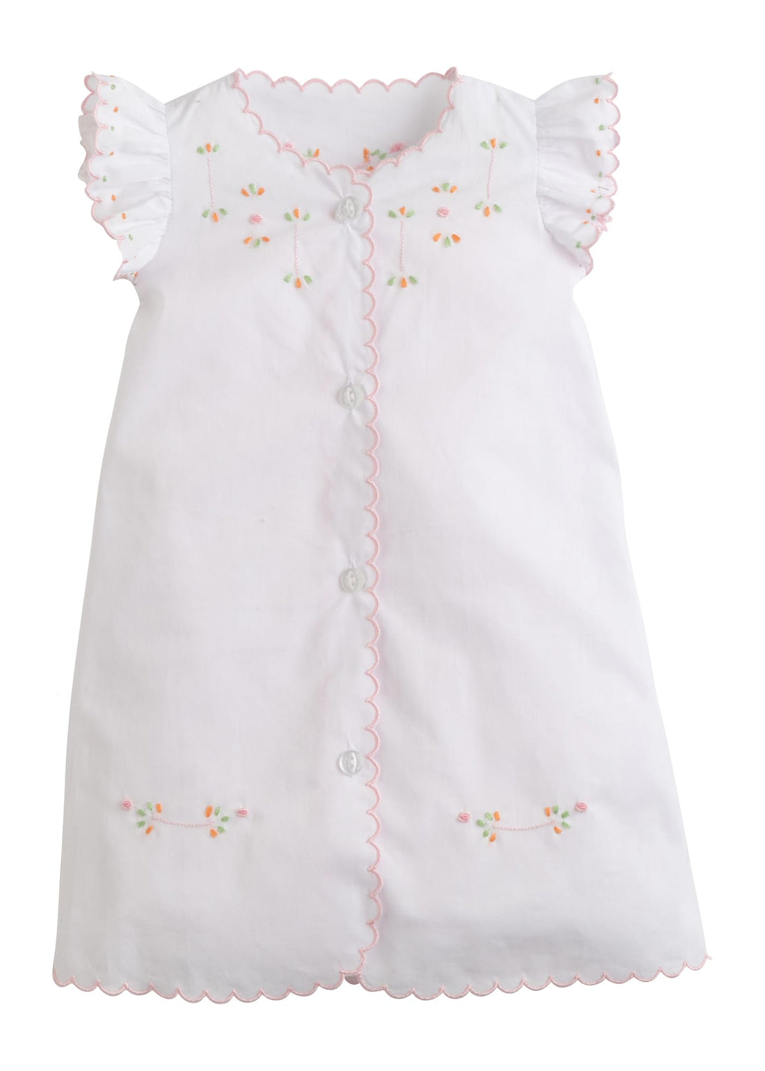Little English embroidered newborn gown for girls, orange and pink french knots with scallop trim, timeless receiving gown