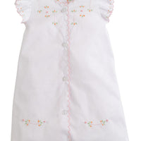 Little English embroidered newborn gown for girls, orange and pink french knots with scallop trim, timeless receiving gown