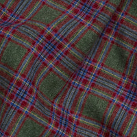 Little English traditional children's clothing. Olive, maroon, and blue Thornhill Plaid fabric swatch