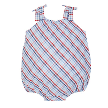 Little English baby gir;'s patriotic plaid bubble for summer