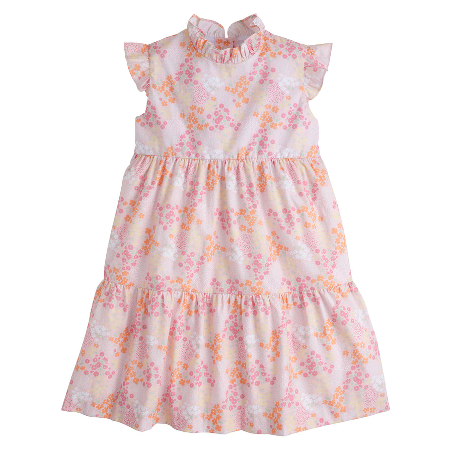 Little English girl's traditional tiered floral dress, pink sleeveless dress for spring