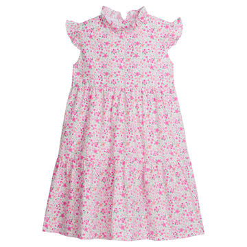 Little English traditional children’s clothing, girl's pink floral tiered dress for Spring with ruffles at the collar and sleeves