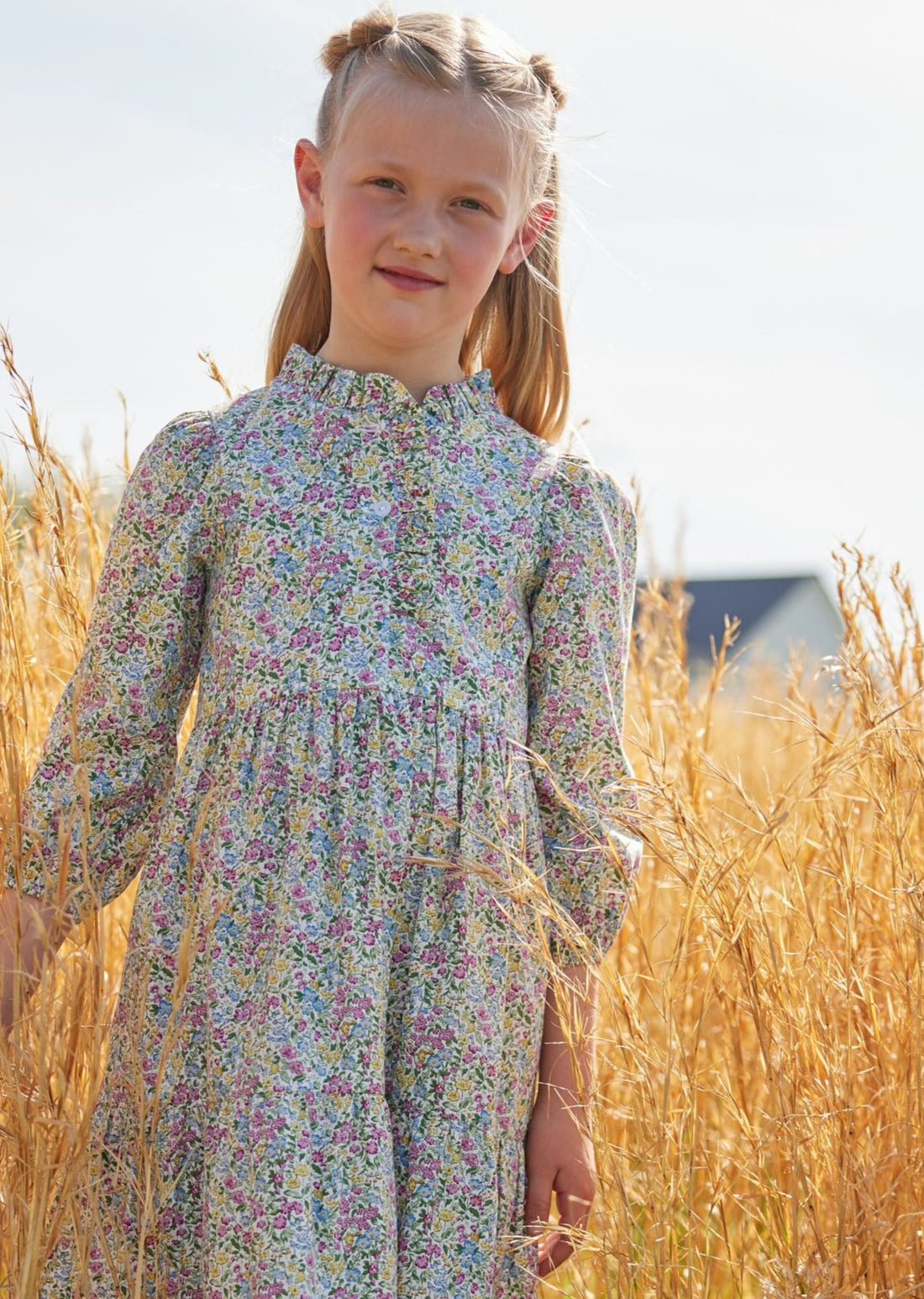 little english classic childrens clothing tween girls long sleeve floral tiered dress with ruffles on the lapel and collar
