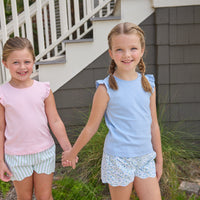 Little English traditional children's clothing.  Classic scallop hem shorts with elastic waistband in a blue and green floral for girls.