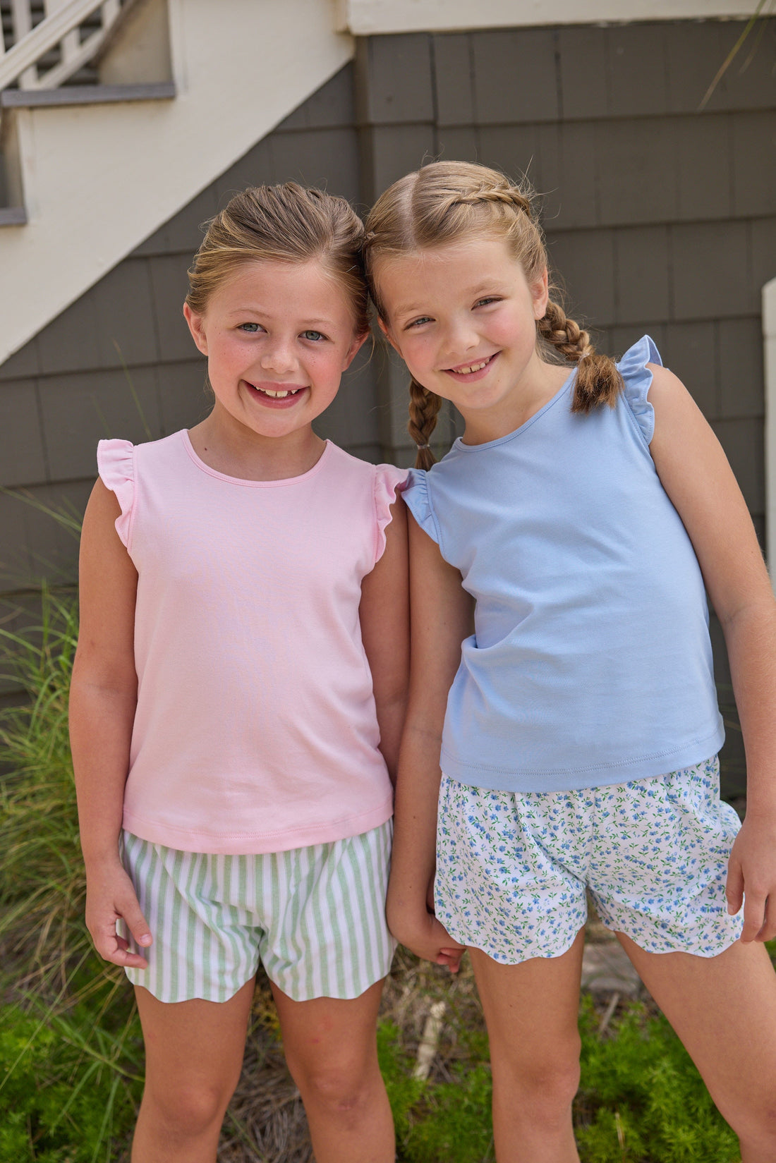 Little English classic tilly tanks in light blue and pink with flutter sleeves, scallop shorts in green meriwether stripe and mayfair floral, for little girls