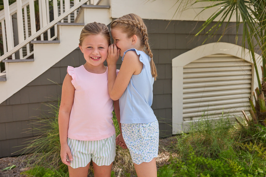 Little English classic tilly tanks in light blue and pink with flutter sleeves, scallop shorts in green meriwether stripe and mayfair floral, for little girls