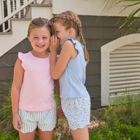 Little English classic tilly tanks in light blue and pink with flutter sleeves, scallop shorts in green meriwether stripe and mayfair floral, for little girls