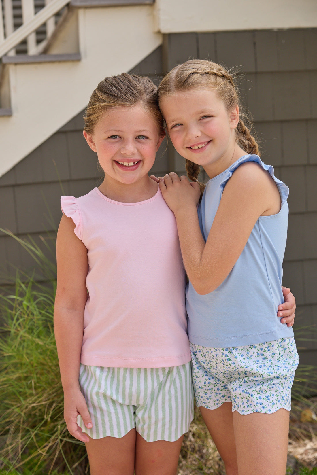Little English classic tilly tanks in light blue and pink with flutter sleeves, scallop shorts in green meriwether stripe and mayfair floral, for little girls