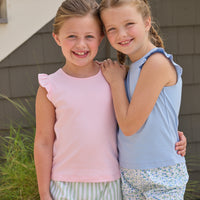 Little English classic tilly tanks in light blue and pink with flutter sleeves, scallop shorts in green meriwether stripe and mayfair floral, for little girls