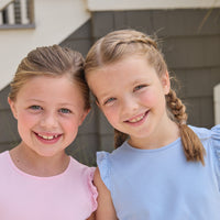 Little English classic tilly tanks in light blue and pink with flutter sleeves, scallop shorts in green meriwether stripe and mayfair floral, for little girls
