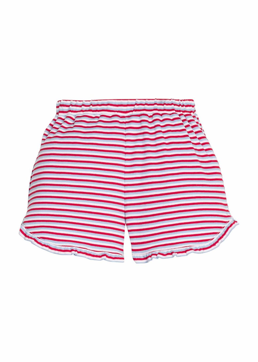 Little English classic tulip knit short in red, white, and blue americana stripe, ruffles at  bottom, for little girl 