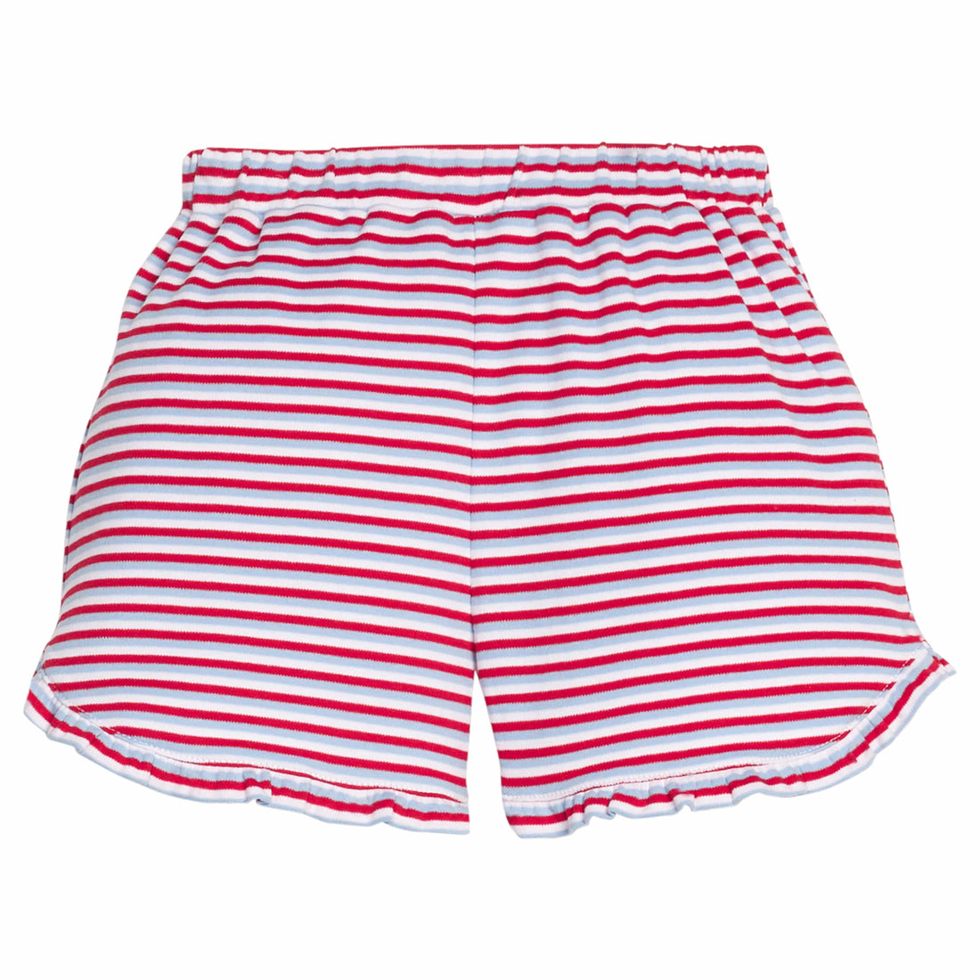 Little English classic tulip knit short in red, white, and blue americana stripe, ruffles at  bottom, for little girl 