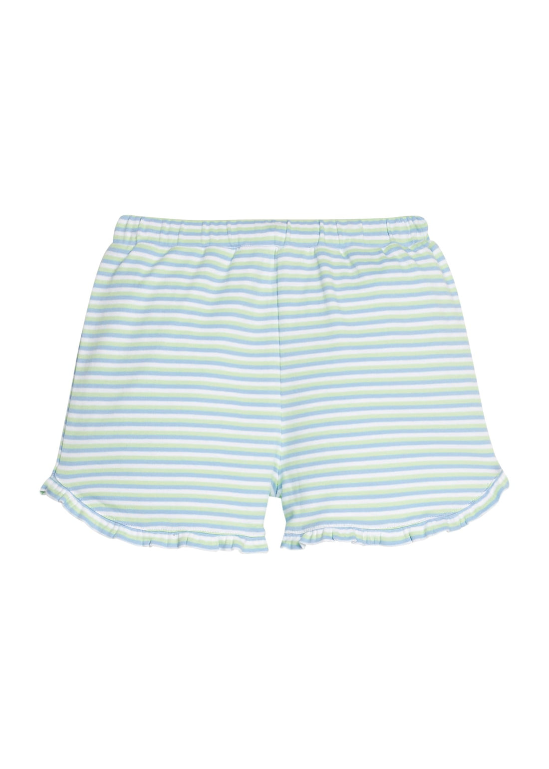 Little English classic tulip knit short in green, blue, and white stripe, ruffles at  bottom, for little girl 
