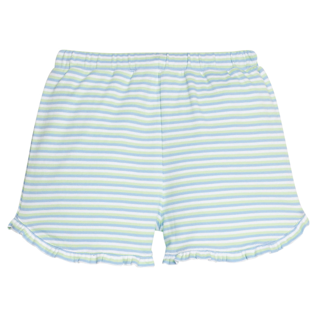 Little English classic tulip knit short in green, blue, and white stripe, ruffles at  bottom, for little girl 
