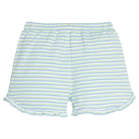 Little English classic tulip knit short in green, blue, and white stripe, ruffles at  bottom, for little girl 
