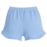 Little English girl's knit short with elastic waist and ruffled hem.  Light blue casual play shorts for Spring.