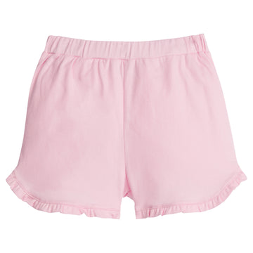 Little English girl's knit short with elastic waist and ruffled hem.  Light pink casual play shorts for Spring.