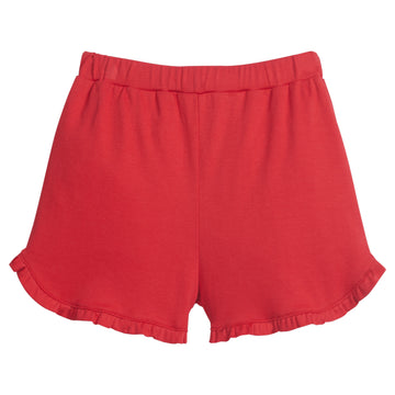 Little English girl's knit short with elastic waist and ruffled hem.  Red casual play shorts for Spring.