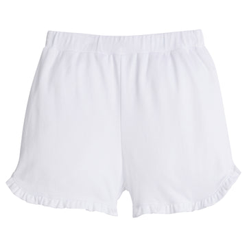 Little English girl's knit short with elastic waist and ruffled hem.  White casual play shorts for Spring.