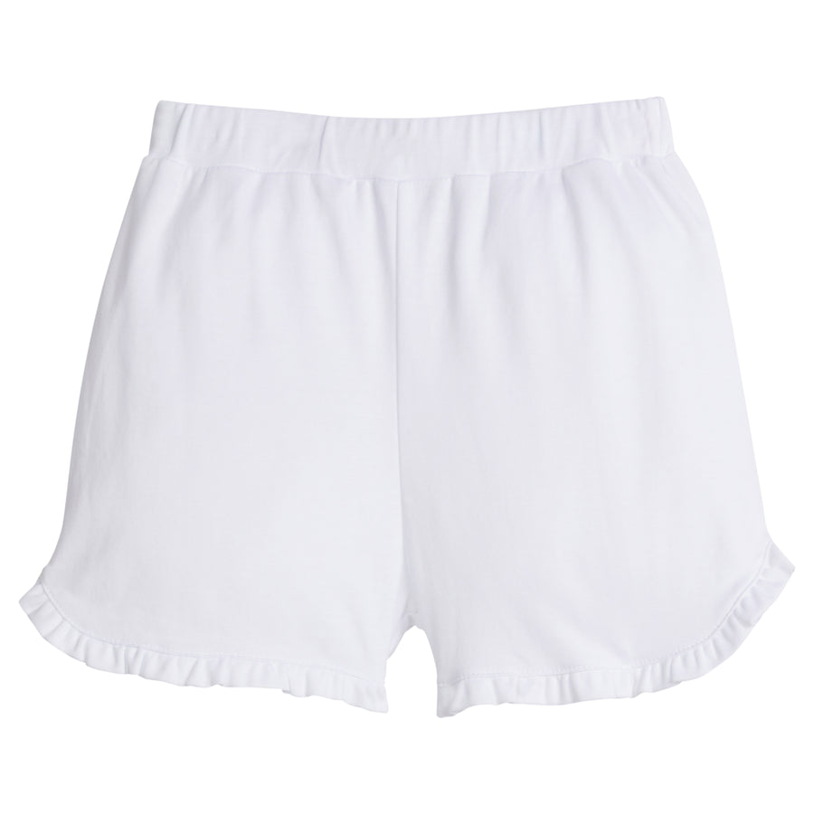 Little English girl's knit short with elastic waist and ruffled hem.  White casual play shorts for Spring.