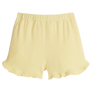 Little English girl's knit short with elastic waist and ruffled hem.  Light yellow casual play shorts for Spring.