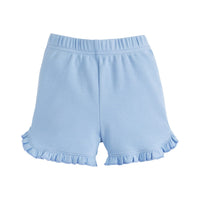 Little English girl's knit short with elastic waist and ruffled hem.  Light blue casual play shorts for Spring.