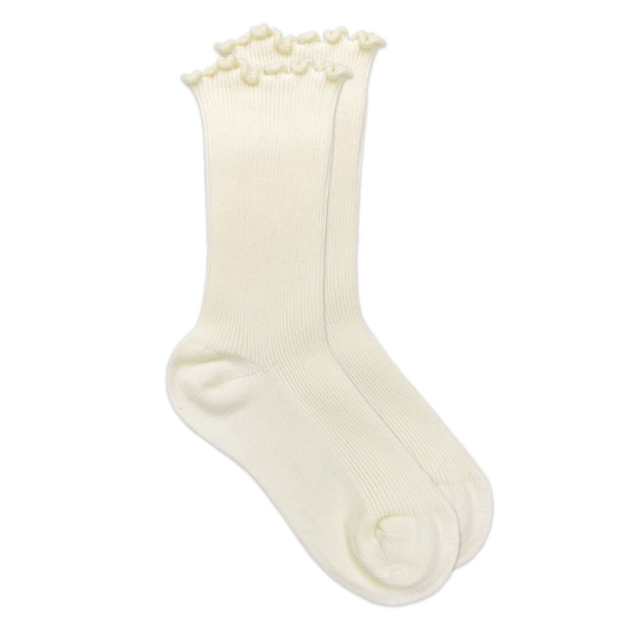 dressy sock for girl's with ruffle edge, ivory ribbed tall sock