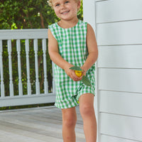 Little English traditional children’s clothing, boy's classic shortall in green hills check for Spring
