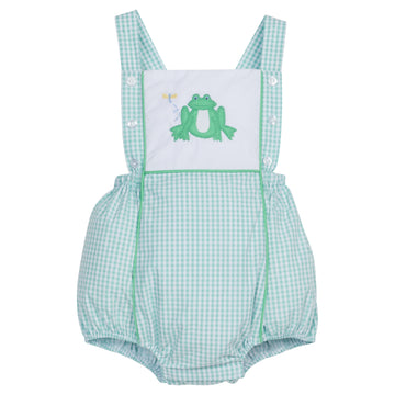 Little English traditional children's clothing, baby boy's classic aqua gingham bubble for Spring with green piped trim and frog applique