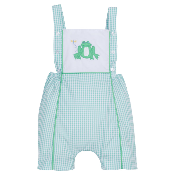 Little English traditional children's clothing, boy's classic aqua gingham shortall for Spring with green piped trim and frog applique