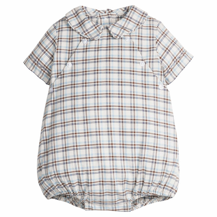 little english classic children's clothing baby boys light blue, cream, and brown plaid bubble with collar and buttons at chest for fall 