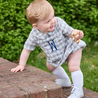 little english classic children's clothing baby boys light blue, cream, and brown plaid bubble with collar and buttons at chest for fall 
