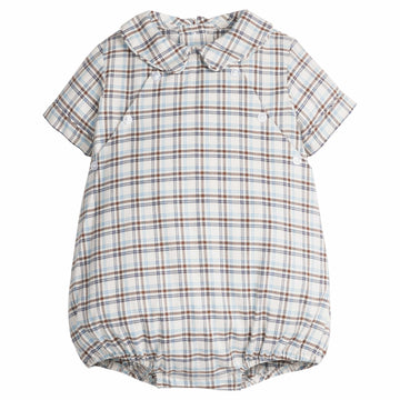 little english classic children's clothing baby boys light blue, cream, and brown plaid bubble with collar and buttons at chest for fall 