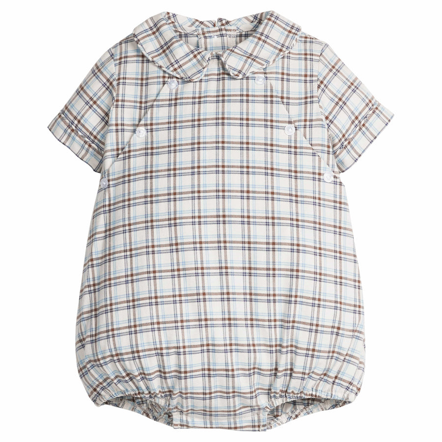 little english classic children's clothing baby boys light blue, cream, and brown plaid bubble with collar and buttons at chest for fall 