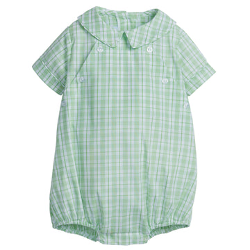 Little English traditional children's clothing, baby boys green plaid collared bubble for spring