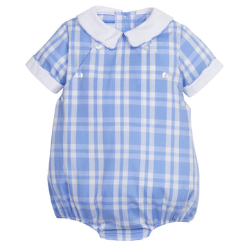 Little English baby boy's bubble for spring, traditional blue and white plaid bubble with eaton collar
