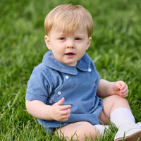 little english classic children's clothing, baby boys stormy blue corduroy bubble with collar and buttons at chest for fall 